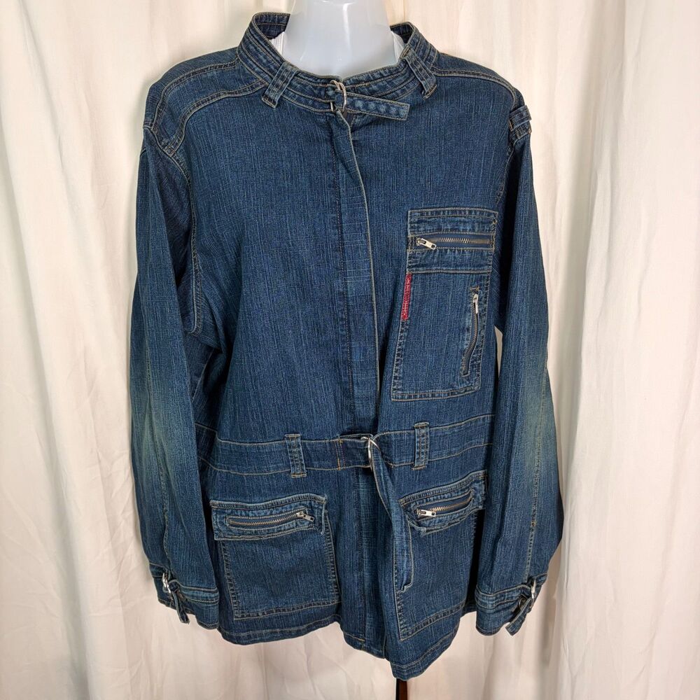Alain Weiz Jeans Denim Jacket Womens 20 Blue Asymmetrical Moto Utility Zip Pkt